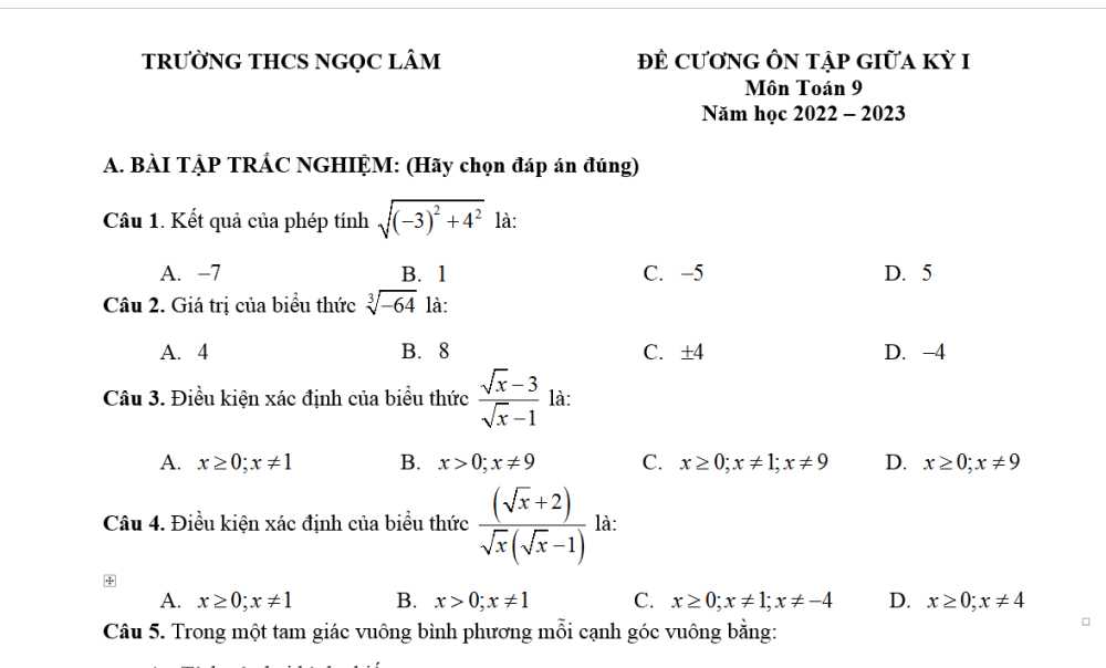 Toán 9. Đề cương Ôn tập giữa học kỳ 1. Trường THCS Ngọc Lâm năm học 2022-2023